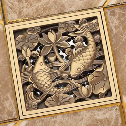 DecorBites antique brass square fish carved floor drain cover with intricate koi fish and lotus flower design