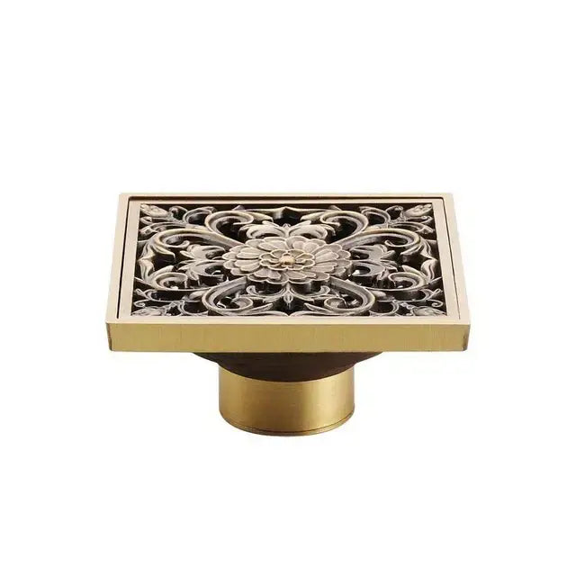 Decorbites™ antique brass square fish carved floor drain cover with intricate floral engraving for bathroom use