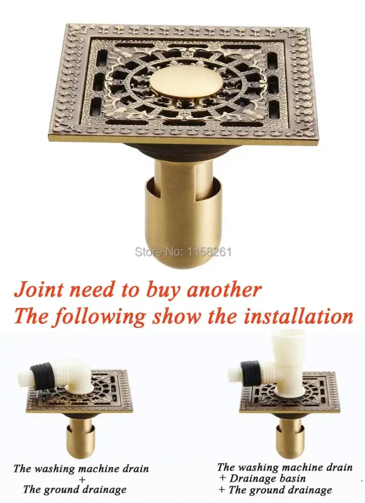 Decorbites antique brass square shower floor drain strainer grate with ornate filigree pattern and central circular grate