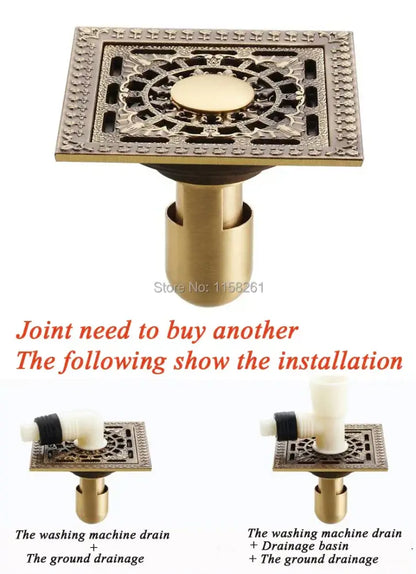 Decorbites antique brass square shower floor drain strainer grate with ornate filigree pattern and central circular grate