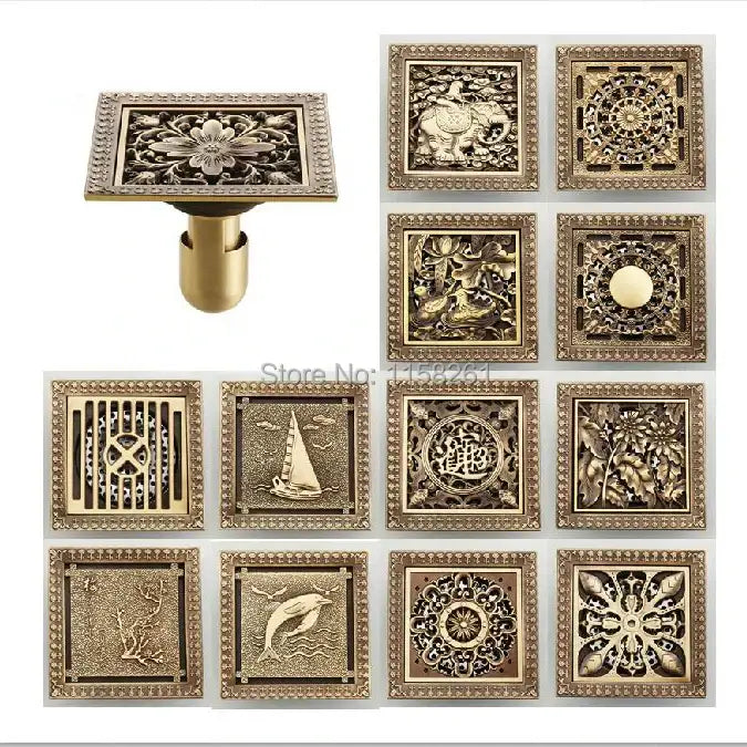 Decorbites antique brass square shower floor drain strainer grate with intricate floral and animal embossed designs