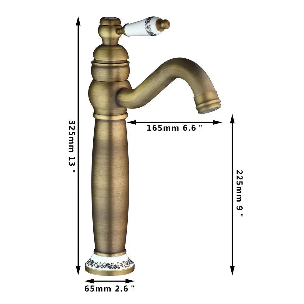 Antique brass swivel bathroom faucet mixer tap with white ceramic handle and decorative base by decorbites