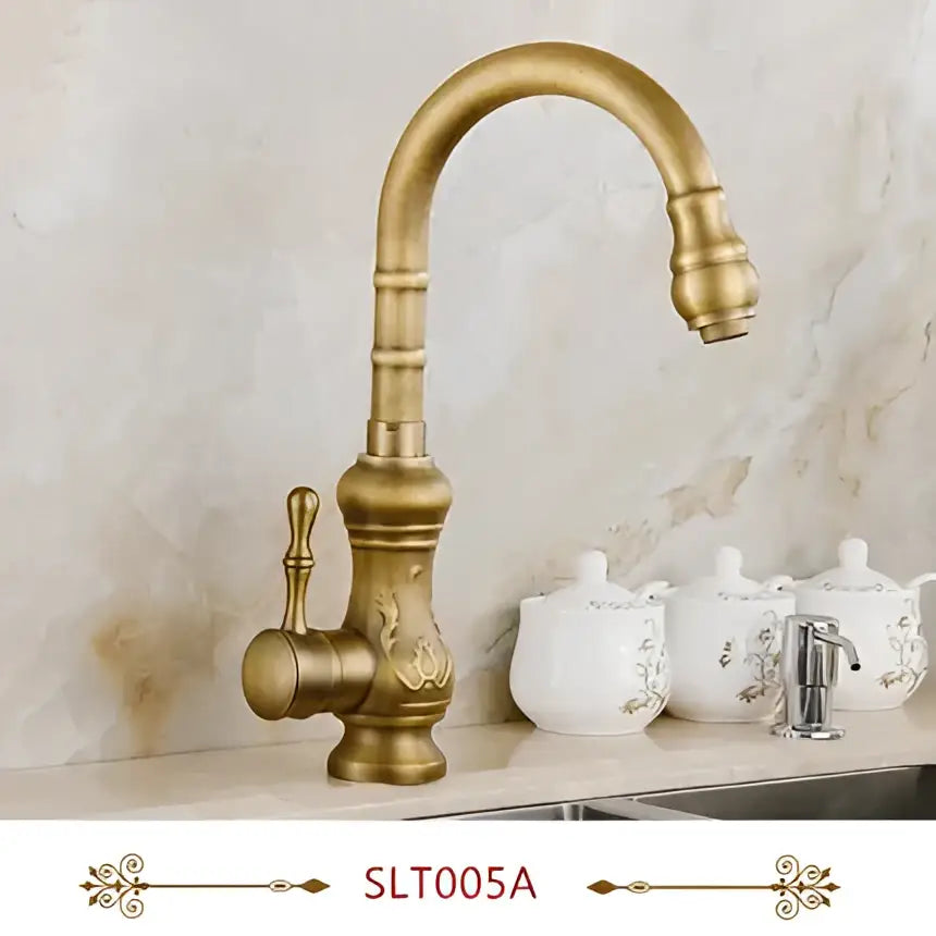 DecorBites antique brass swivel spout kitchen faucet with brass finish and vintage single handle vessel sink mixer tap