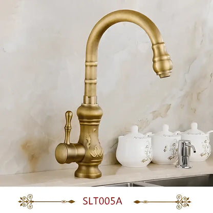 DecorBites antique brass swivel spout kitchen faucet with brass finish and vintage single handle vessel sink mixer tap