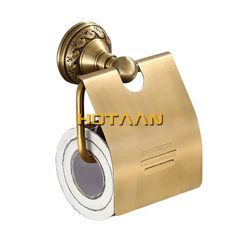 DecorBites™ antique brass toilet paper holder with ornate wall mount and sleek modern design for bathroom use