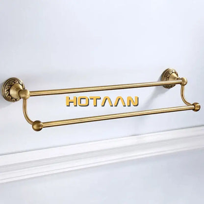 Decorbites™ antique brass towel holder single bar rack with gold-finished double-tier solid aluminium rail and ornate mounts