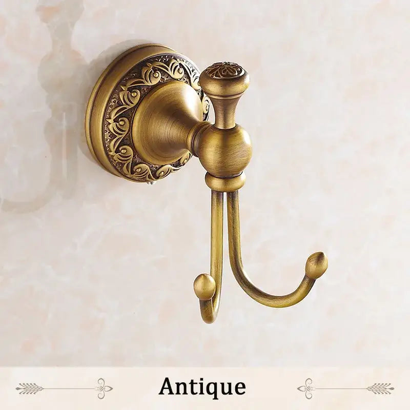 DecorBites™ antique brass towel hooks wall rack features ornate scrollwork and a vintage finish for retro home decor