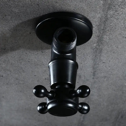 Black matte wall-mounted faucet with cross handle and knobs shown with decorbites antique brass triangle valve for toilet faucet