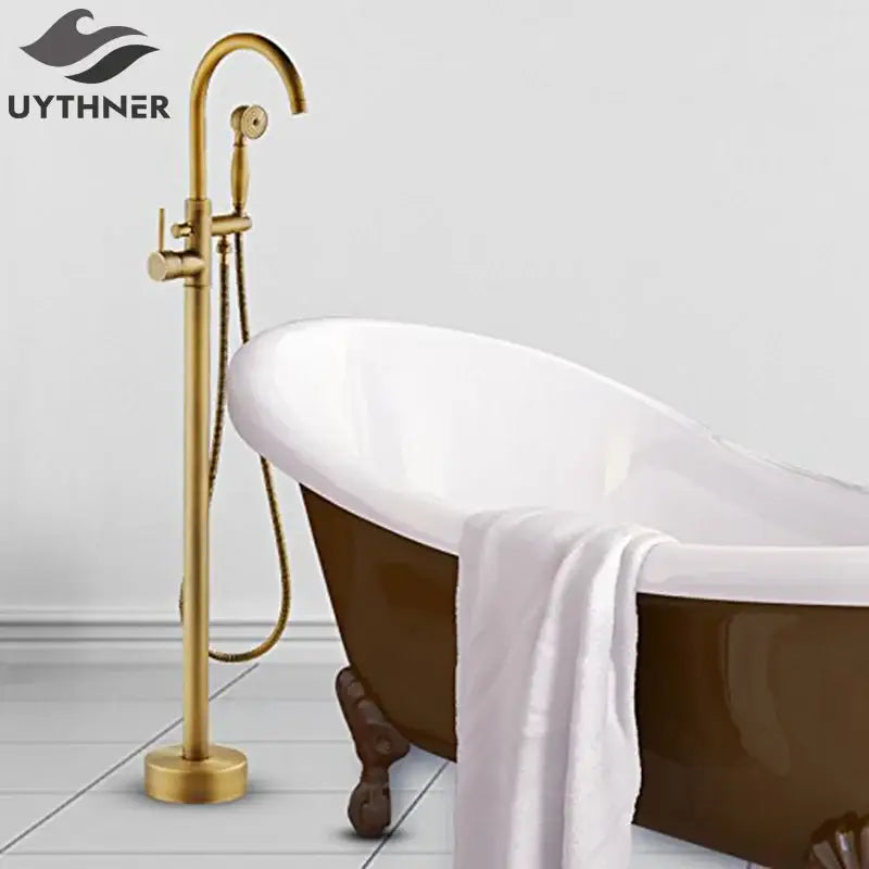 Brass-finished decorbites antique brass tub faucet with swivel spout and handheld showerhead for freestanding bathtubs
