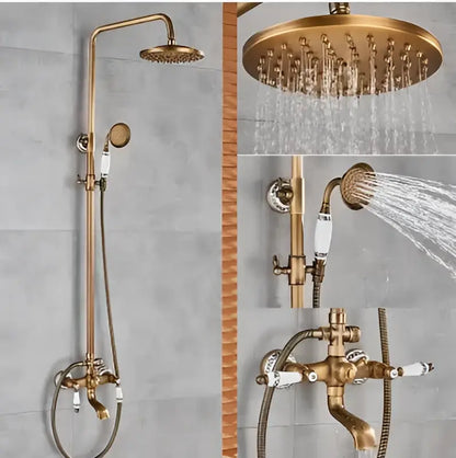DecorBites™ antique brass tub faucet with swivel spout and rainhead shower system including handheld sprayer and wall mount