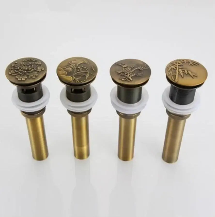 DecorBites antique brass vessel sink drain with engraved floral and bamboo designs for bathroom accessory use