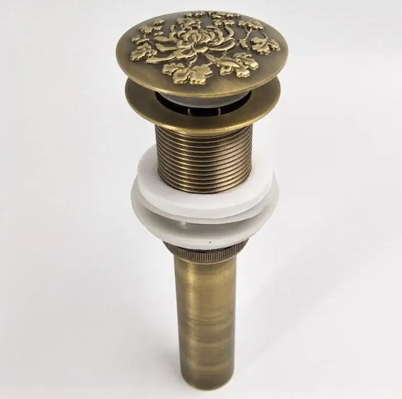 DecorBites antique brass vessel sink drain with ornate floral design on top plate for brass vessel sink bathroom use
