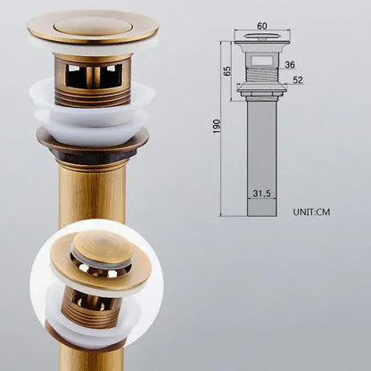 Decorbites™ antique brass vessel sink drain strainer with push-button flange and white ceramic seals for lavatory basin