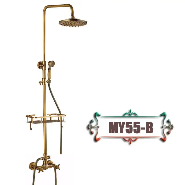 Antique brass wall mount bathtub shower faucet with dual handle rainfall shower head handheld sprayer and shelf