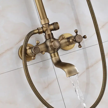Antique brass wall mount bathtub shower faucet with dual handle controls and flexible hose by DecorBites™