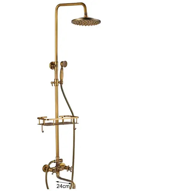 Decorbites antique brass wall mount dual handle shower faucet with round rainhead handheld spray and shelf bracket
