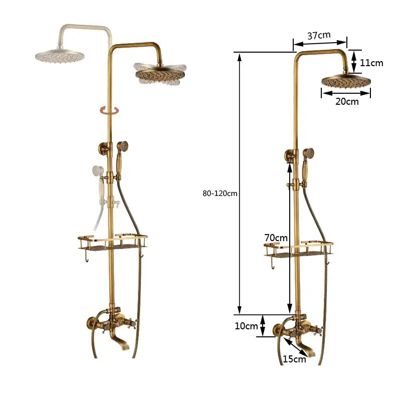 DecorBites antique brass wall mount bathtub shower faucet with dual handle, rainhead, handheld spray, and integrated shelf