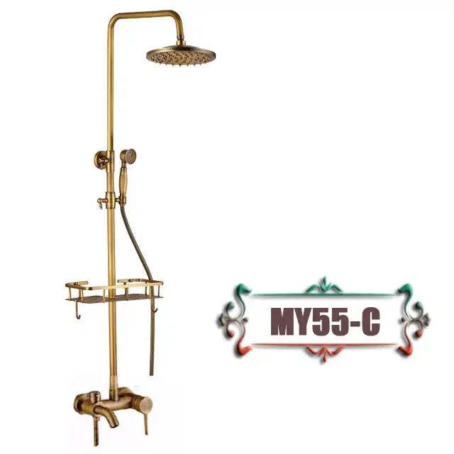 Decorbites antique brass wall mount dual handle bathtub shower faucet with round rainhead and handheld spray nozzle