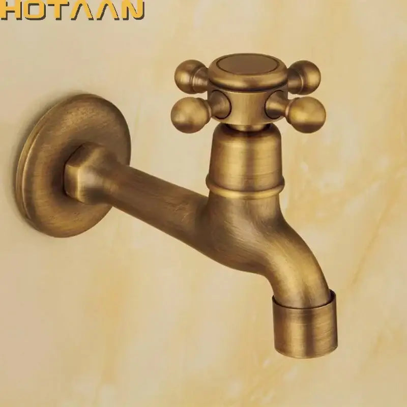 DecorBites antique brass wall mount bibcock faucet with cross handle and rounded knobs for garden and bathroom use