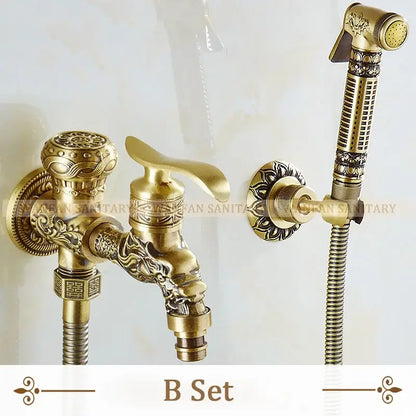 Antique brass wall mount bidet faucet set with ornate dragon head design and matching handheld showerhead by decorbites