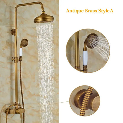 Antique brass wall mount shower faucet with 8 inch rain shower head and handheld sprayer featuring white ceramic handles