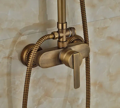 Decorbites antique brass wall mount shower faucet with sleek design textured hoses and 8 inch rain shower head
