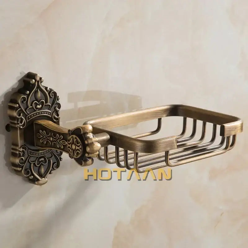DecorBites™ antique brass wall mount soap basket with ornate scrollwork and wire mesh design for bathroom essentials