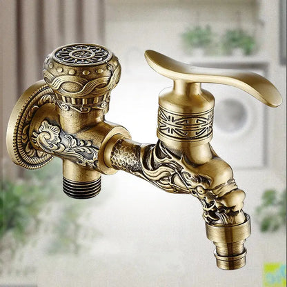 DecorBites™ antique brass wall mounted bidet faucet with intricate dragon and floral engravings in brass finish