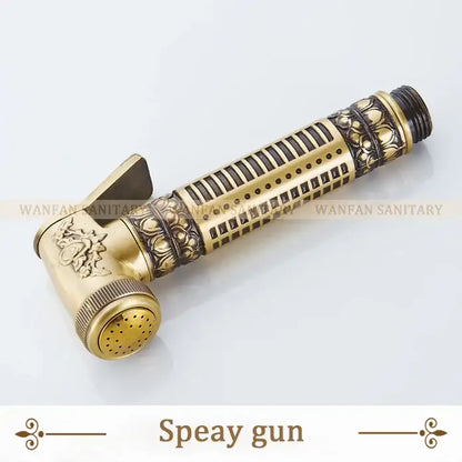 DecorBites™ antique brass wall mounted bidet faucet with ornate floral embossing for hygienic shower use