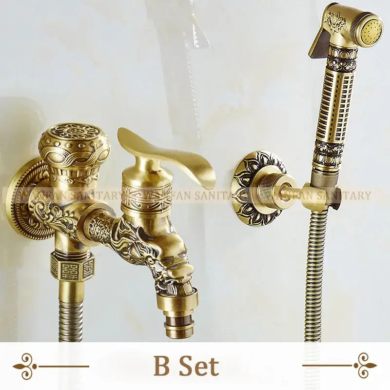 DecorBites antique brass wall mounted bidet faucet with ornate dragon head design and matching handheld showerhead