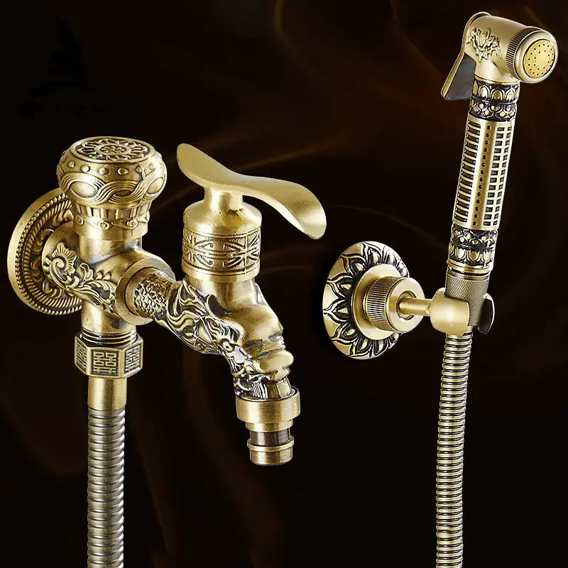 Decorbites antique brass wall mounted bidet faucet set with ornate dragon head and matching handheld showerhead in brass wall mounted finish