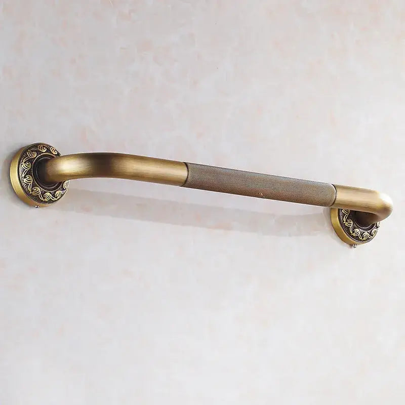 DecorBites antique brass wall mounted grab bar with ornate end caps and textured grip for bathroom safety