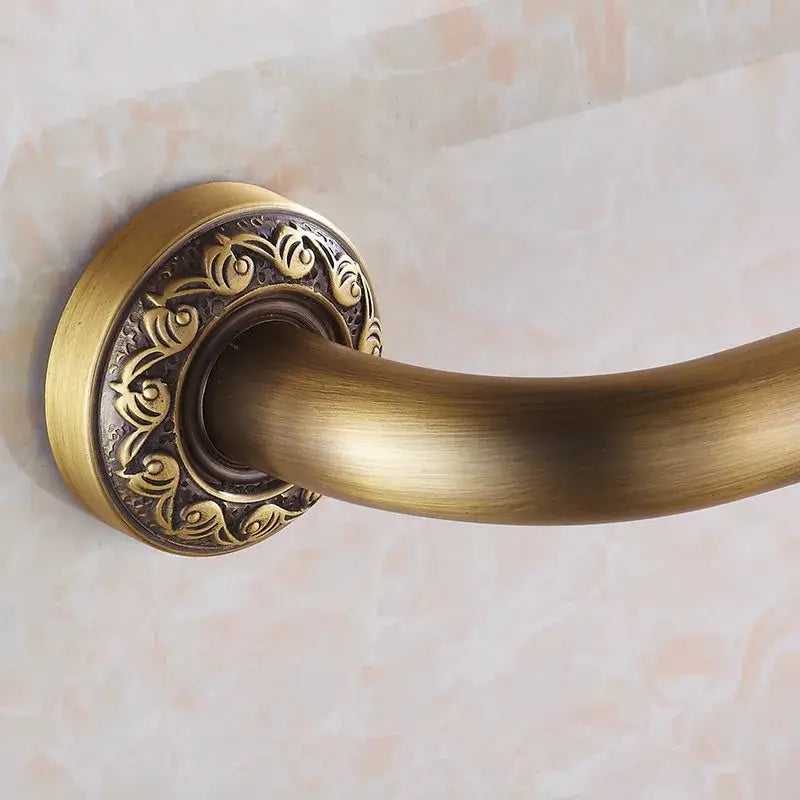 DecorBites antique brass wall mounted grab bar with ornate floral embossed base for bathroom safety 52 cm