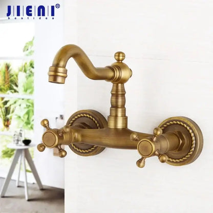 DecorBites antique brass wall mounted shower faucet with ornate vintage design and two cross handles for hot cold mixing