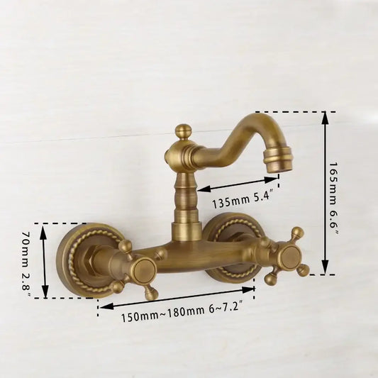 Decorbites antique brass wall mounted shower faucet with double handles and twisted rope detailing on circular base plates