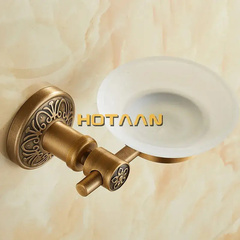 DecorBites antique brass wall mounted soap dish with frosted white glass bowl and ornate floral detailing