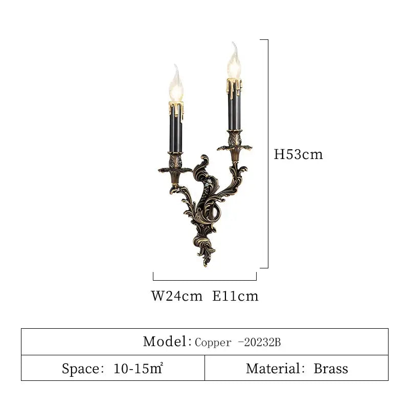 DecorBites antique brass wall sconce with ornate darkened metalwork and two candle-like bulbs for vintage lighting