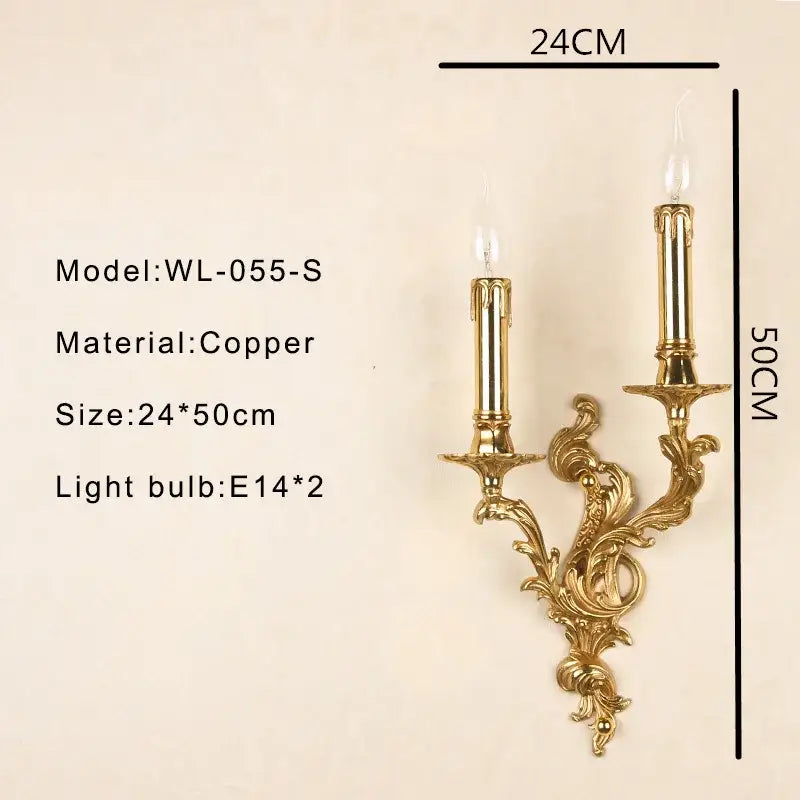 Decorbites antique brass wall sconce with gold-colored copper ornate baroque scrollwork and two candle-like lights