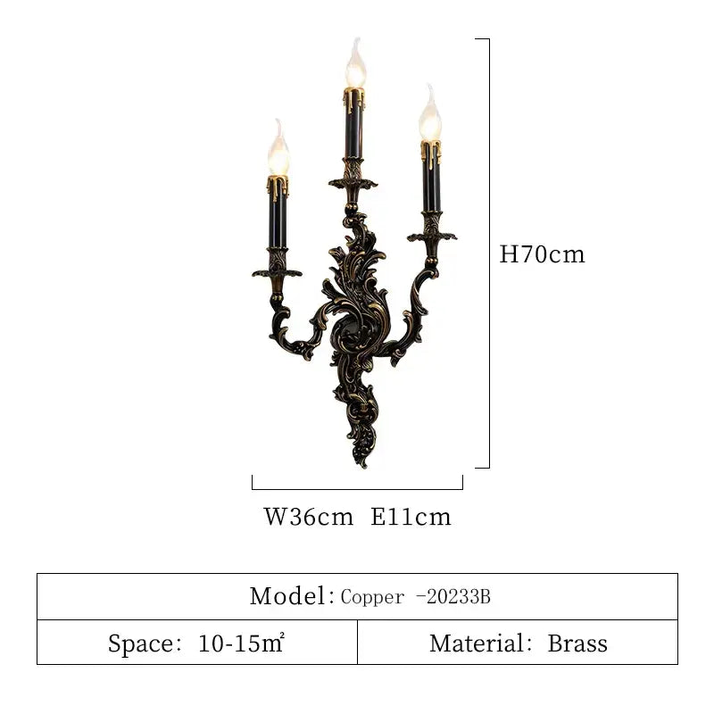 Decorbites antique brass wall sconces featuring three candle-like lights with ornate dark metal arms in rococo style