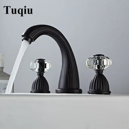 Black matte widespread basin faucet with crystal knob handles by DecorBites antique bronze 3 hole widespread basin faucet