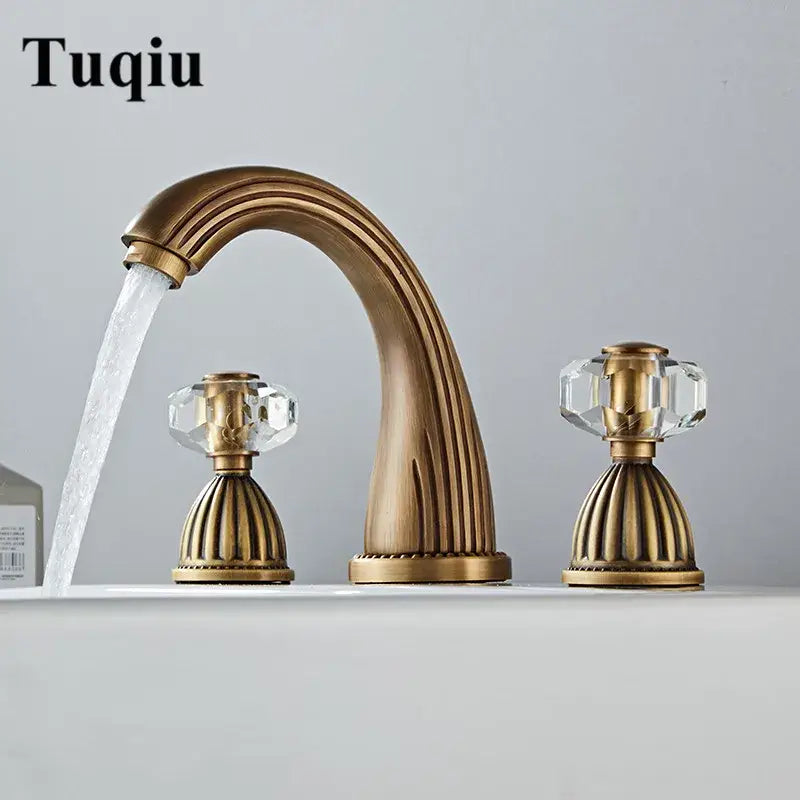 DecorBites antique bronze widespread basin faucet with brass finish crystal knob handles and curved spout for hot cold mixer tap