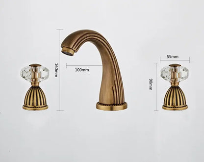 Decorbites antique bronze widespread basin faucet with antique brass finish crystal knob handles and curved spout
