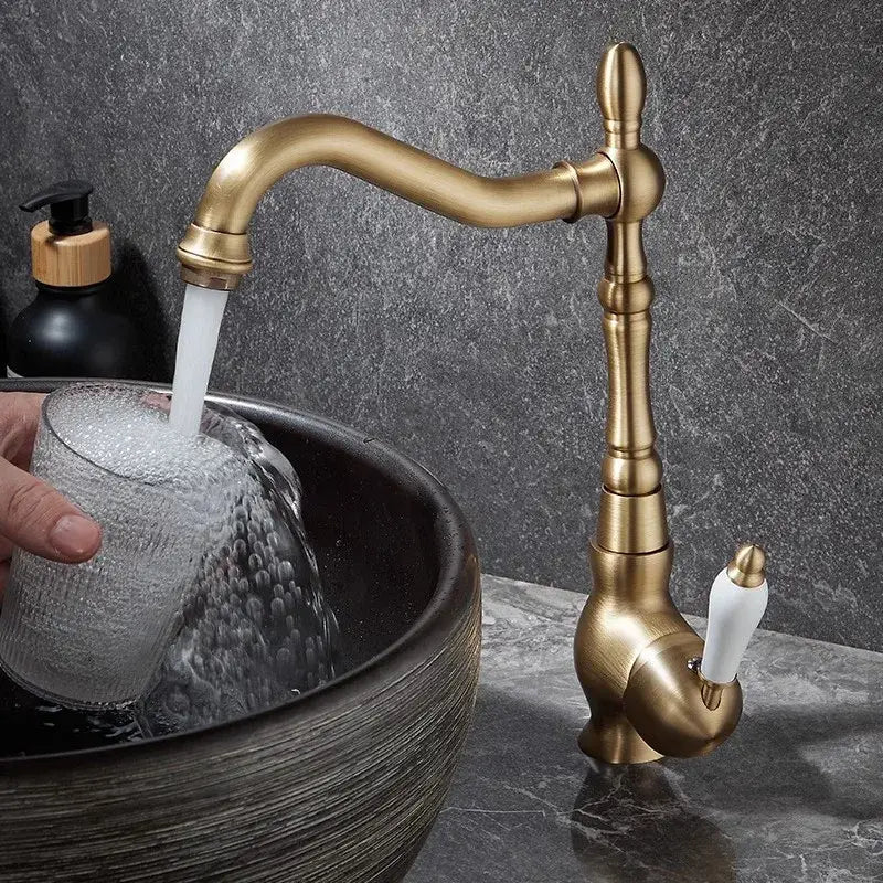 Decorbites antique bronze basin faucet with curved spout white ceramic handle brass finish for kitchen sink