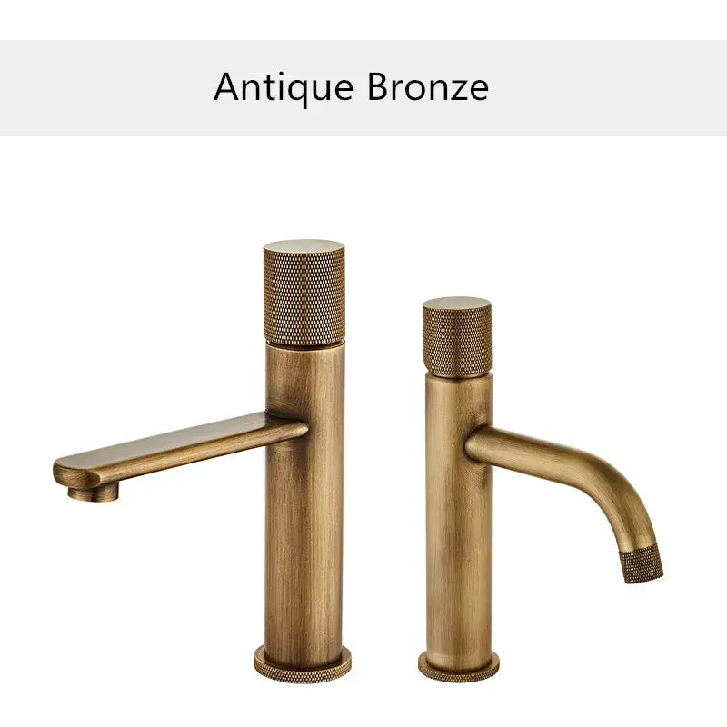 DecorBites antique bronze basin faucet with textured knurled handles and brass spouts for hot and cold water use