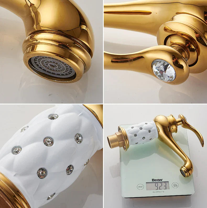DecorBites™ antique bronze single handle bathroom faucet with gold finish, diamond handle, and crystal accent real shot details