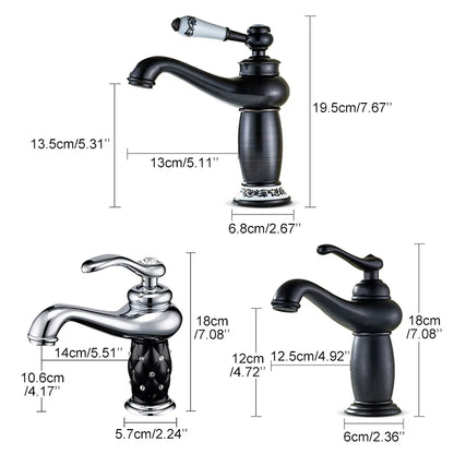 Decorbites antique bronze single handle bathroom faucet with black matte finish and white ceramic floral handle real shot details
