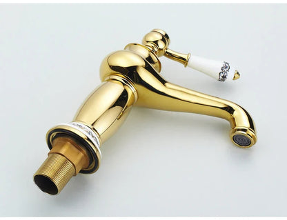 Decorbites antique bronze bathroom faucet single handle mixer with gold finish and white ceramic handle with black patterns real shot details