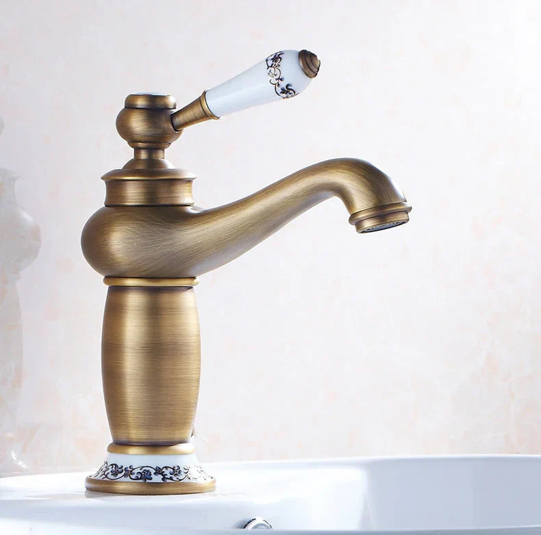 DecorBites antique bronze bathroom faucet single handle mixer with brass finish and white ceramic floral handle real shot details