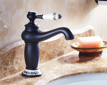 DecorBites™ antique bronze single handle bathroom faucet with black matte finish and white ceramic handle real shot details