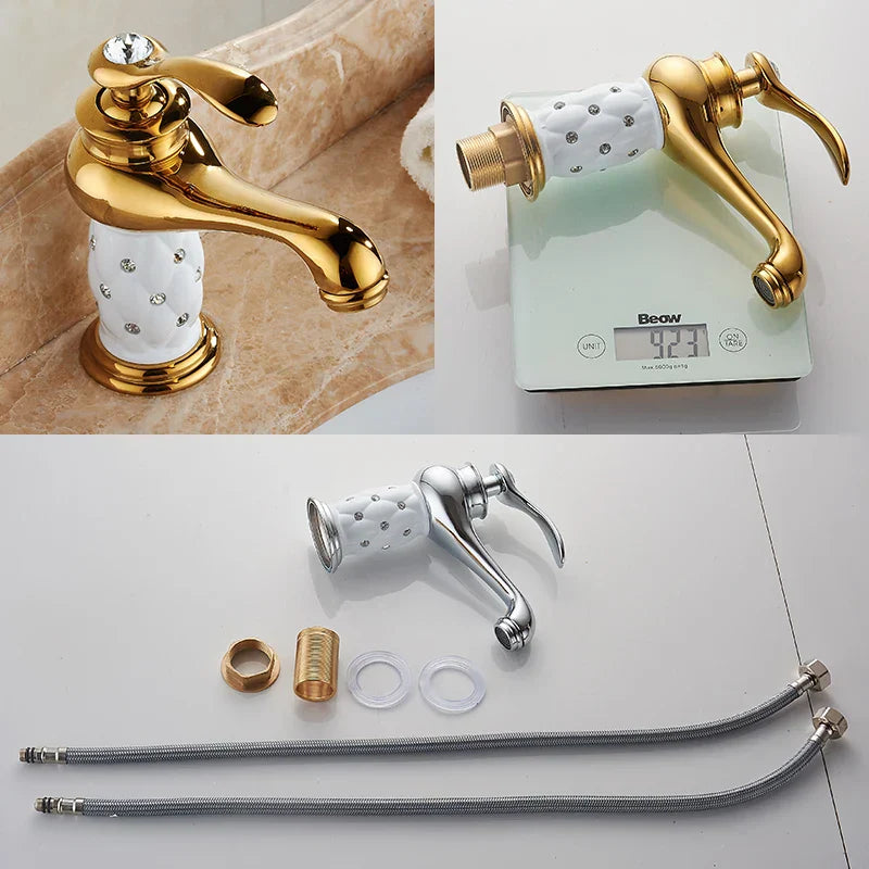 DecorBites antique bronze single handle bathroom faucet with gold finish and white ceramic base with embedded crystals real shot details